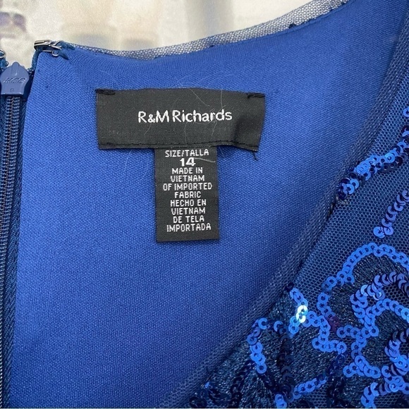 R & M Richards Size 14 Blue Sequined Dress Flutter Sleeve V Neck Cocktail Sheath - Picture 11 of 12